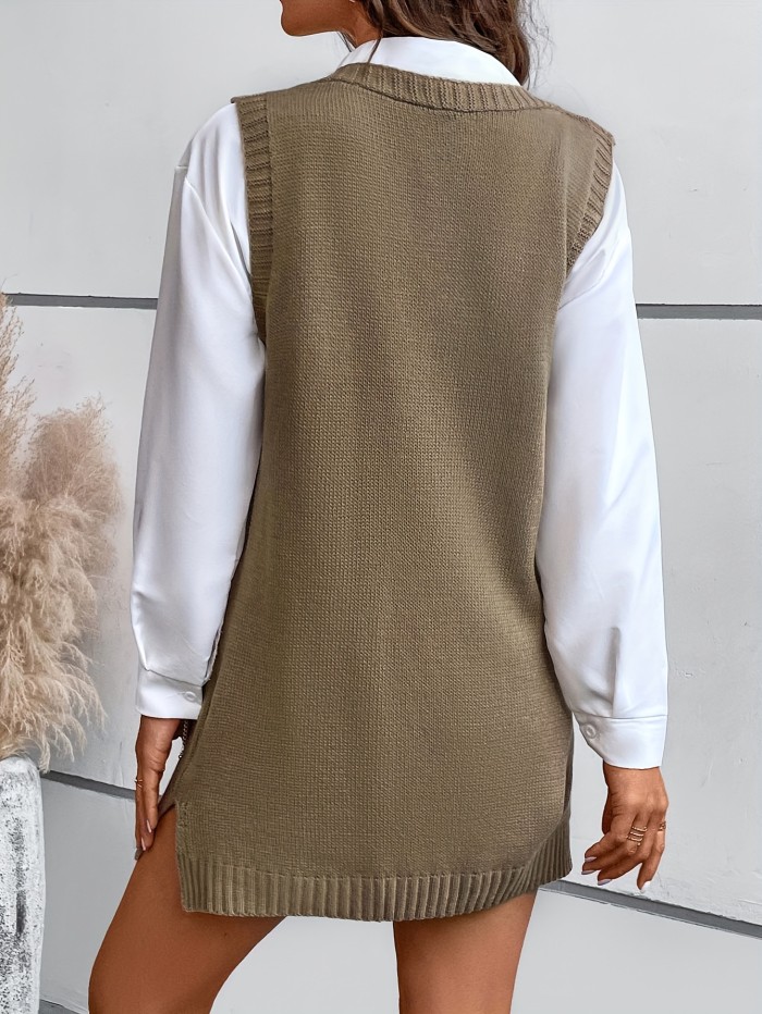 Solid V Neck Sweater Vest, Casual Sleeveless Split Sweater, Women's Clothing