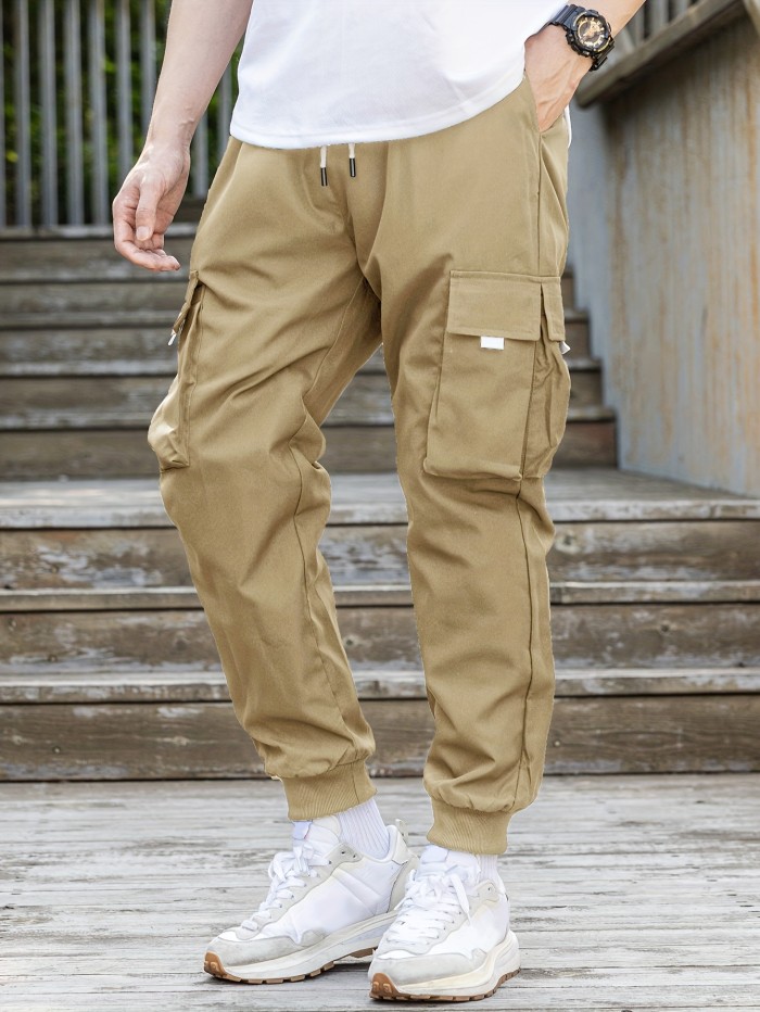 Men's Drawstring Cargo Pants With Flap Pockets, Loose Casual Comfy Jogger Pants