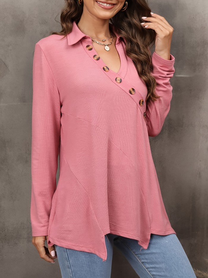 Loose Solid Asymmetrical T-Shirt, Casual Long Sleeve V-Neck T-Shirt, Casual Every Day Tops, Women's Clothing
