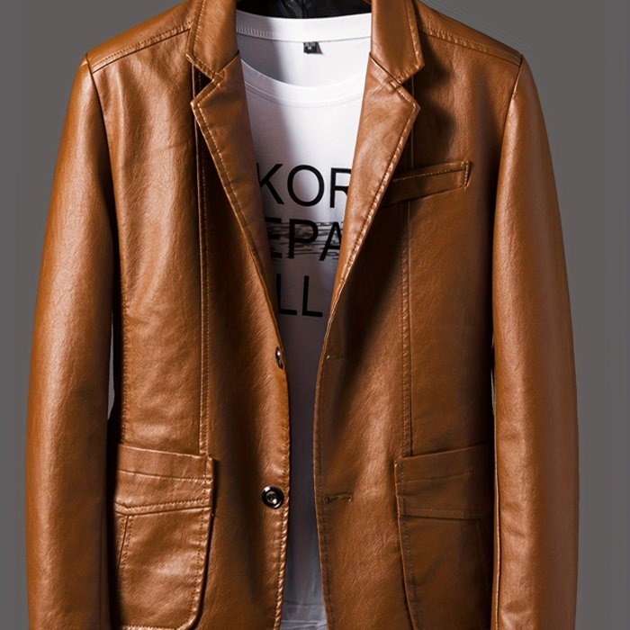 Men's Leather Lapel Zipper Up Cool Trendy Jacket For Autumn Winter Wear
