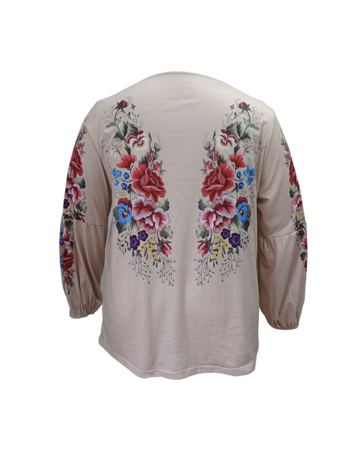 Plus Size Boho Blouse, Women's Plus Floral Embroidered Lantern Sleeve Polo Neck Top
