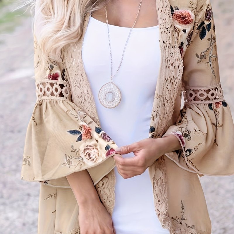 Plus Size Casual Coat, Women's Plus Floral Print Contrast Lace Bell Sleeve Open Front Cardigan