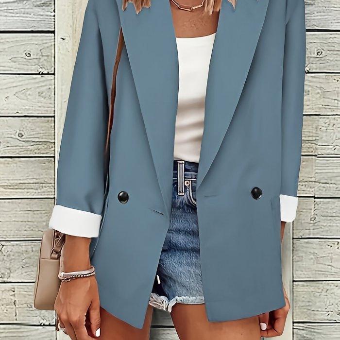 Solid Lapel Blazer, Casual Open Front Long Sleeve Work Office Outerwear, Women's Clothing