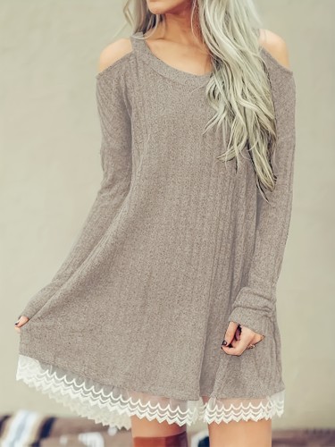 Plus Size Casual Sweater Dress, Women's Plus Colorblock Contrast Lace Cut Out Long Sleeve Round Neck Sweater Dress