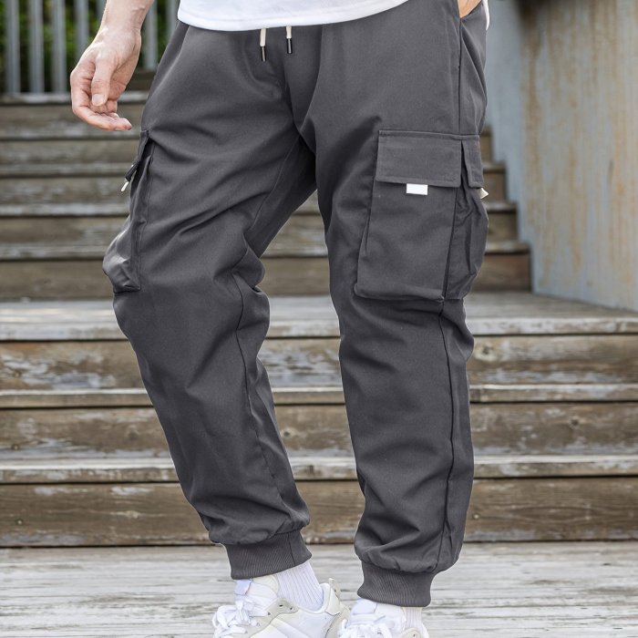 Men's Drawstring Cargo Pants With Flap Pockets, Loose Casual Comfy Jogger Pants