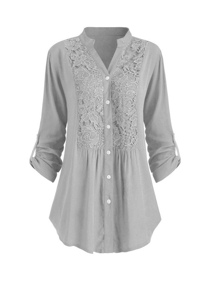 Plus Size Casual Blouse, Women's Plus Solid Button Up Contrast Lace Panel Roll Up Sleeve V Neck Blouse