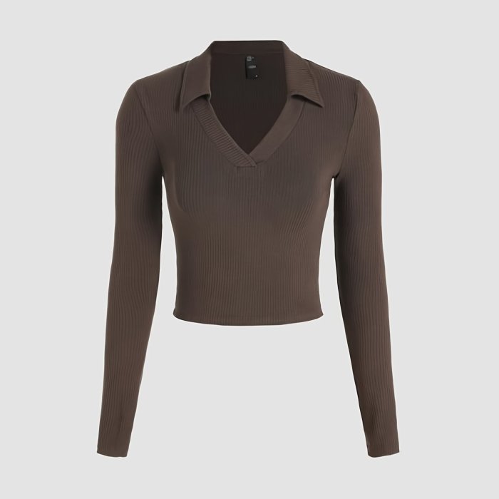 Solid Polo Neck Long Sleeve Skinny Shirt, Mature Stylish Short Length Spring & Fall Shirt, Women's Clothing
