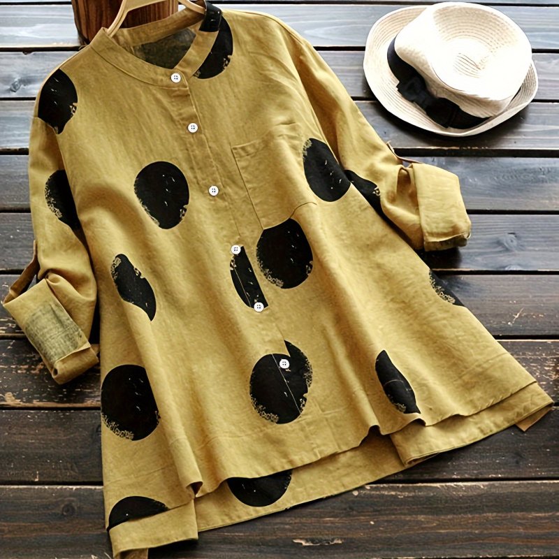Polka-dot Print Patched Pockets Blouse, Casual Button Front Blouse For Spring & Fall, Women's Clothing