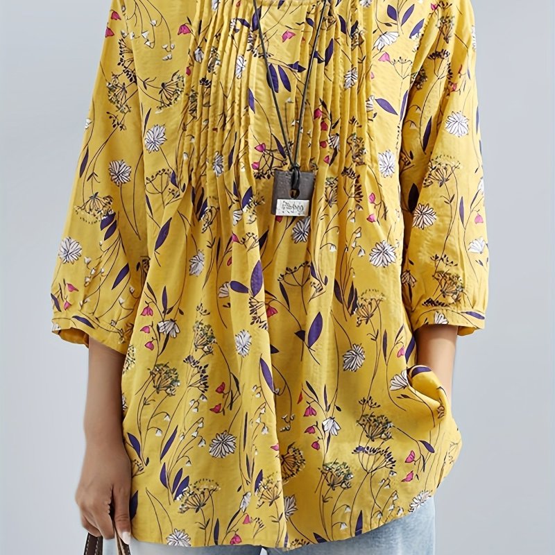 Plus Size Boho Shirt, Women's Plus Floral Print 3\u002F4 Sleeve Shirred Round Neck Loose Fit Ruffled Blouse