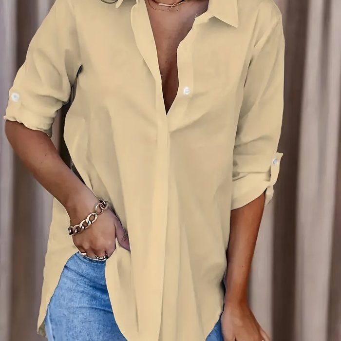 Plus Size Formal Shirt, Women's Plus Plain Long Sleeve Turn Down Collar Button Up Workwear Shirt