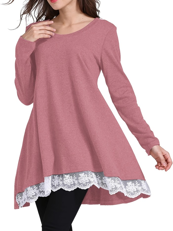 Lace Trim Solid Flared Tunics, Elegant Crew Neck Long Sleeve Tunics For Spring & Fall, Women's Clothing