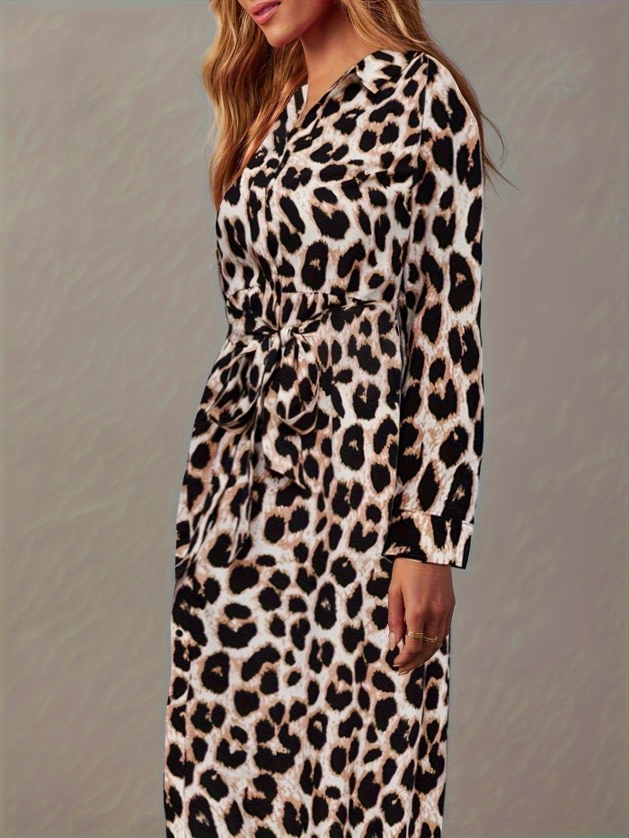 Leopard Print Tie Waist Dress, Elegant Long Sleeve Dress For Spring & Fall, Women's Clothing