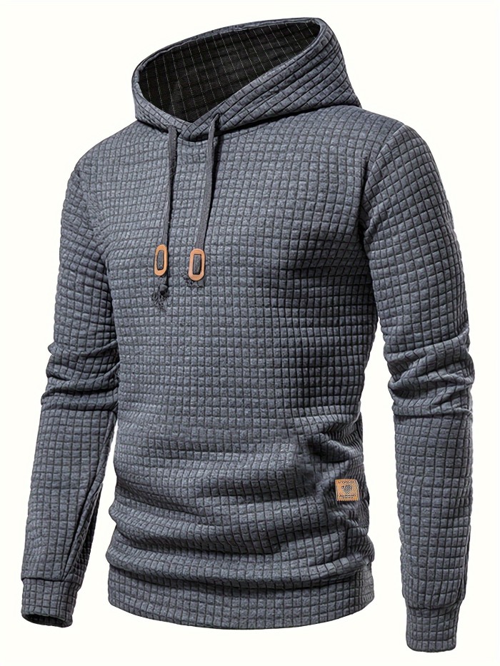 Waffle Pattern Solid Hoodie, Cool Hoodies For Men, Men's Casual Pullover Hooded Sweatshirt With Kangaroo Pocket Streetwear For Winter Fall, As Gifts