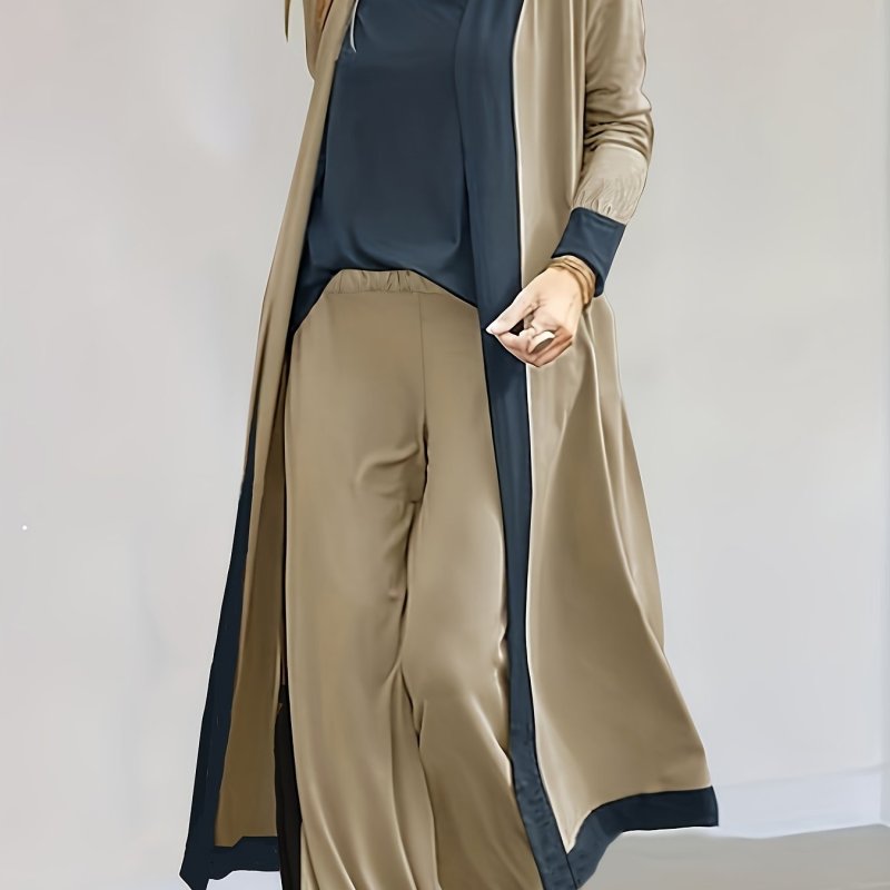 Color Block Casual Three-piece Set, Open Front Long Sleeve Cardigan & V Neck Tops & Wide Leg Pants Outfits, Women's Clothing