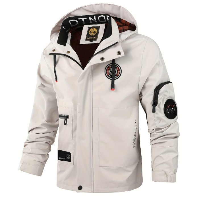 Zipper Sleeve Pocket Waterproof Drawstring Hooded Jacket, Men's Casual Mid Stretch Zip Up Jacket For Spring Fall Outdoor