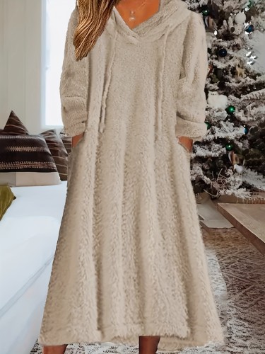 Plus Size Casual Dress, Women's Plus Solid Fuzzy Fleece Long Sleeve Drawstring Hooded Dress With Pockets