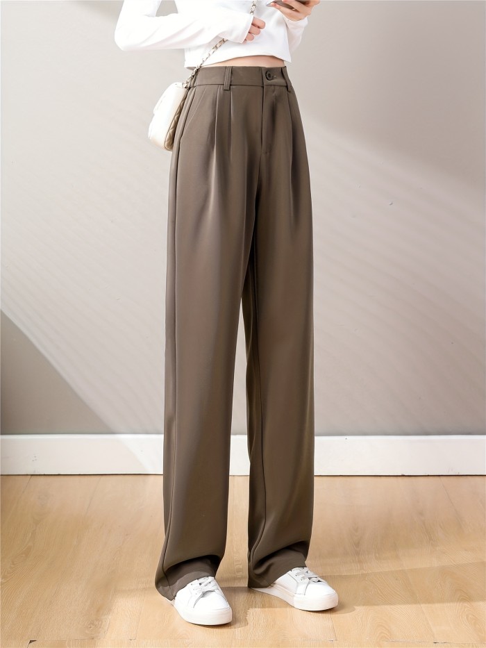 Straight Leg Trouser, High Waist Casual Pants For Spring & Fall, Women's Clothing