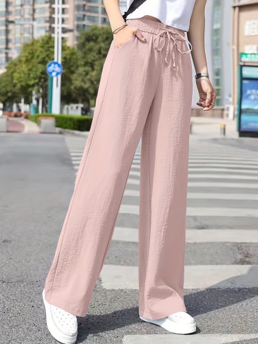 Minimalist Solid Drawstring Pants, Casual Long Length Elastic Waist Wide Leg Pants, Women's Clothing