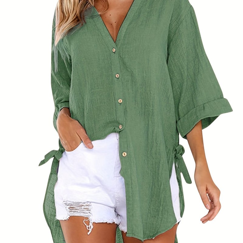 Solid Color V Neck Blouse, Casual Half Sleeve Blouse For Spring & Summer, Women's Clothing