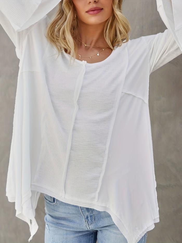 Solid V Neck Knitted Top, Elegant Bell Sleeve Asymmetrical Hem Loose Sweater, Women's Clothing