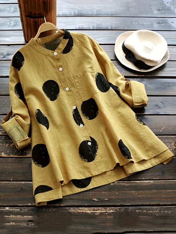 Polka-dot Print Patched Pockets Blouse, Casual Button Front Blouse For Spring & Fall, Women's Clothing