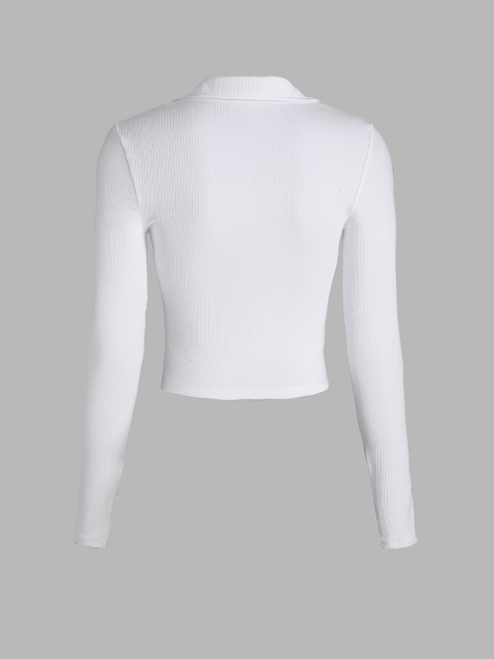 Solid Polo Neck Long Sleeve Skinny Shirt, Mature Stylish Short Length Spring & Fall Shirt, Women's Clothing