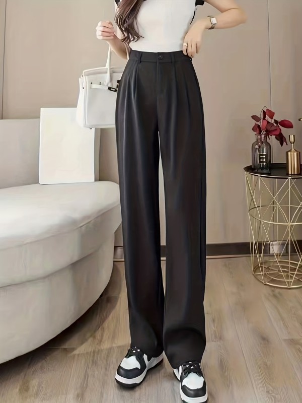 Straight Leg Trouser, High Waist Casual Pants For Spring & Fall, Women's Clothing