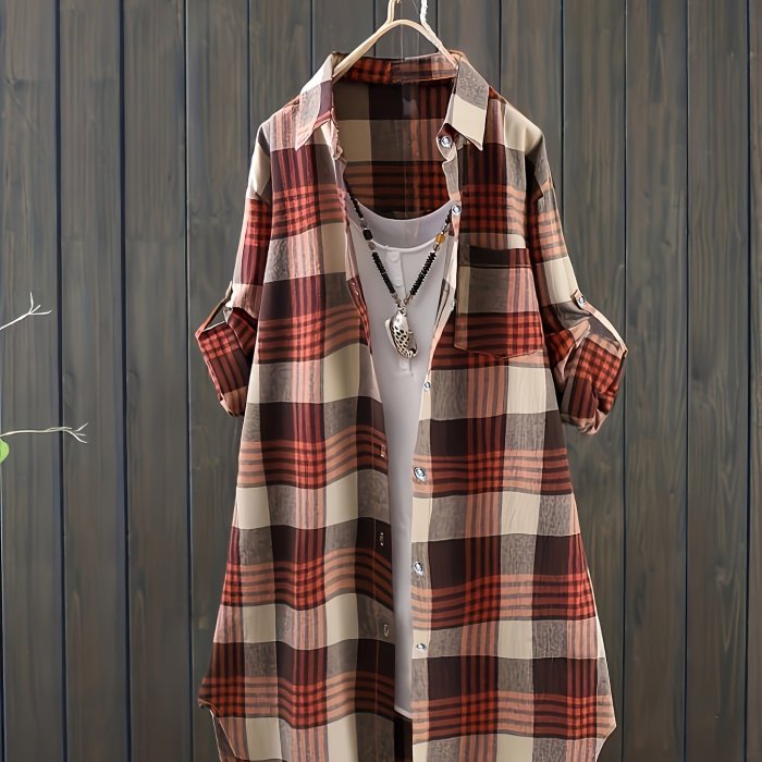 Plus Size Casual Blouse, Women's Plus Plaid Print Button Up Roll Up Sleeve Turn Down Collar Blouse