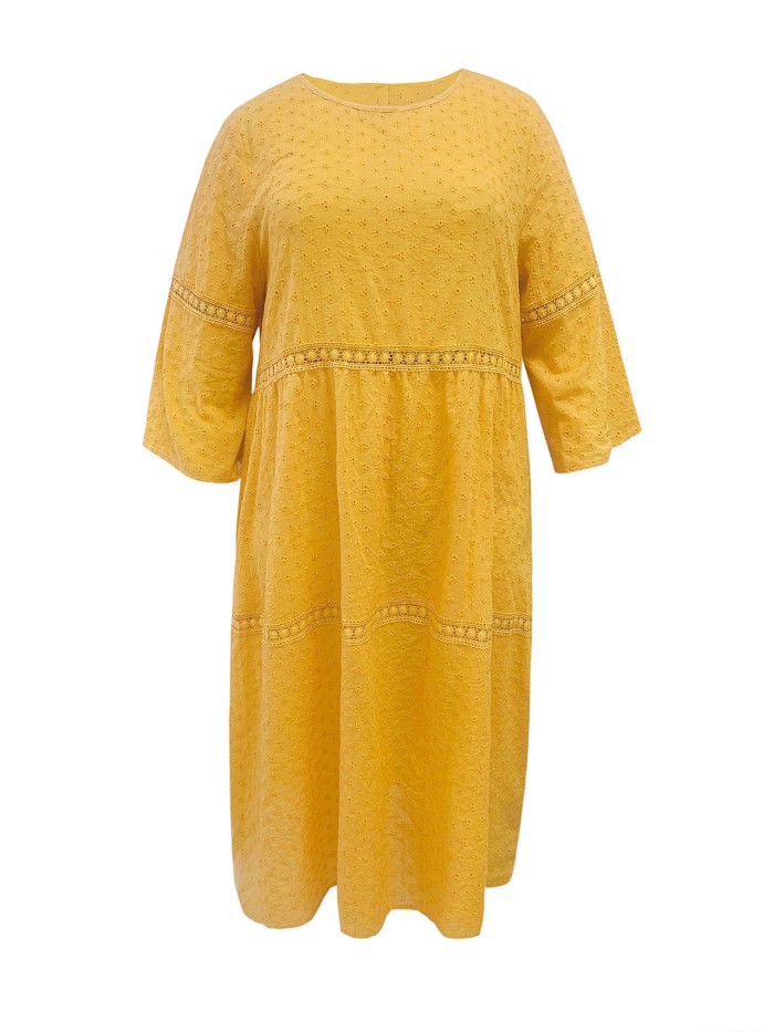 Plus Size Elegant Dress, Women's Plus Solid Eyelet Embroidery Three Quarter Sleeve Round Neck Contrast Lace Loose Fit Dress