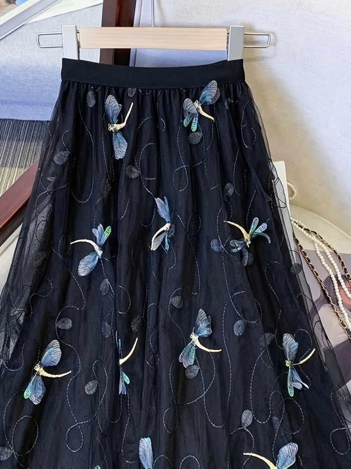Dragonfly Applique Tulle Skirt, Casual Elastic Waist Skirt, Women's Clothing
