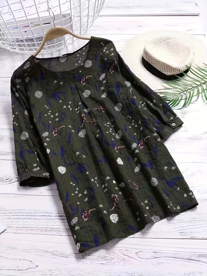 Plus Size Boho Shirt, Women's Plus Floral Print 3\u002F4 Sleeve Shirred Round Neck Loose Fit Ruffled Blouse