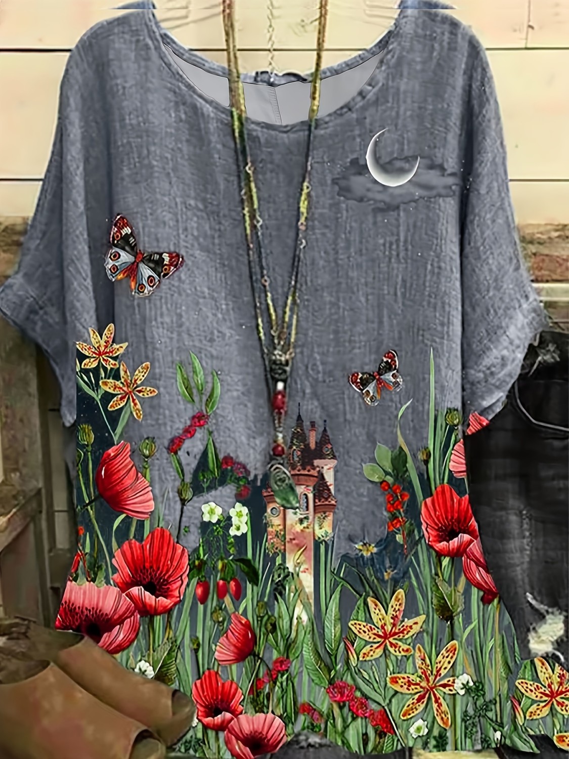 Plus Size Floral Round Neck Tie Hem Blouse