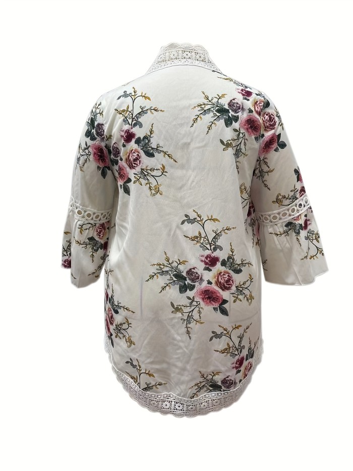 Plus Size Casual Coat, Women's Plus Floral Print Contrast Lace Bell Sleeve Open Front Cardigan