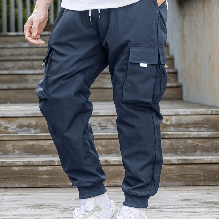 Men's Drawstring Cargo Pants With Flap Pockets, Loose Casual Comfy Jogger Pants