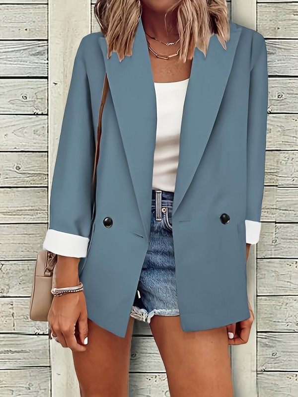 Solid Lapel Blazer, Casual Open Front Long Sleeve Work Office Outerwear, Women's Clothing