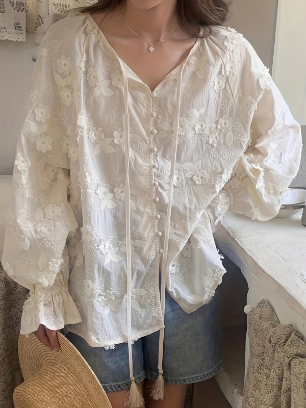 Floral Embroidered Blouse, Elegant Drawstring Long Sleeve Blouse, Women's Clothing