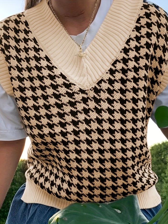 Houndstooth Pattern V Neck Vest, Casual Sleeveless Sweater For Spring & Fall, Women's Clothing