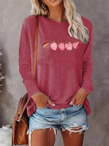 Strawberry Print Crew Neck T-shirt, Casual Long Sleeve Top For Spring & Fall, Women's Clothing