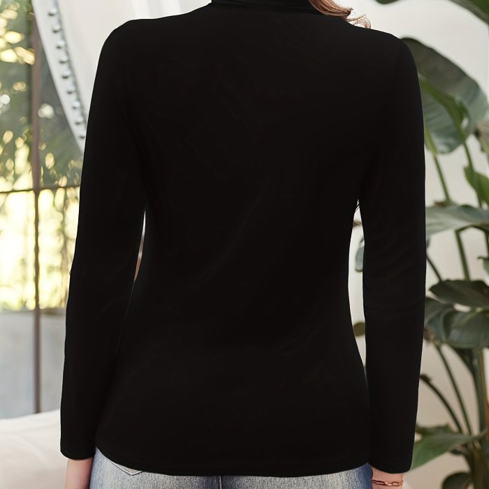 Solid Ruched Mock Neck T-Shirt, Elegant Long Sleeve Top For Spring & Fall, Women's Clothing