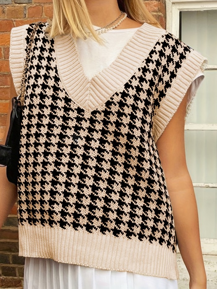 Houndstooth Pattern V Neck Vest, Casual Sleeveless Sweater For Spring & Fall, Women's Clothing