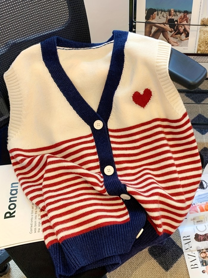 Striped Heart Pattern Knitted Vest, Casual Button Down V Neck Sleeveless Sweater, Women's Clothing