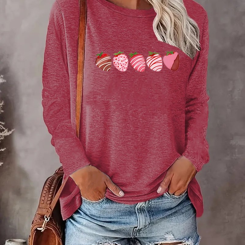 Strawberry Print Crew Neck T-shirt, Casual Long Sleeve Top For Spring & Fall, Women's Clothing