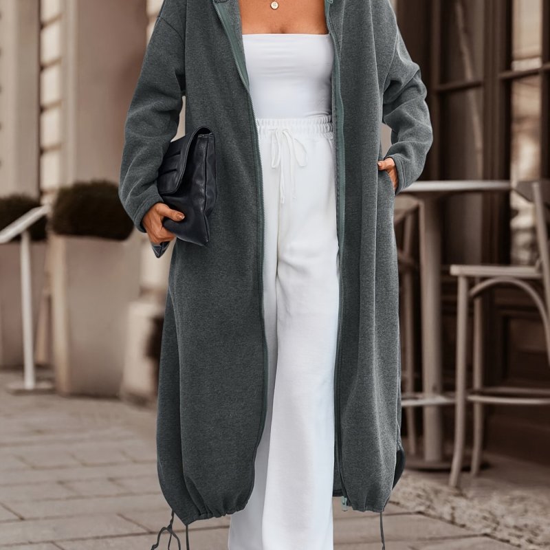 Zip-up Drawstring Midi Length Hoodie, Casual Long Sleeve Hoodie Coat, Women's Clothing