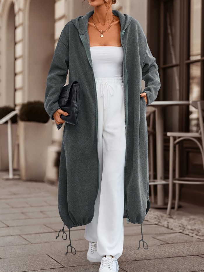 Zip-up Drawstring Midi Length Hoodie, Casual Long Sleeve Hoodie Coat, Women's Clothing
