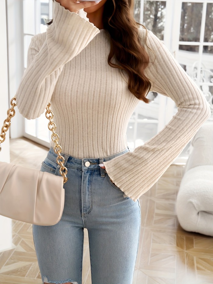 Solid Ribbed T-Shirt, Elegant Long Flared Sleeve Top For Spring & Fall, Women's Clothing