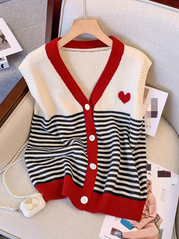 Striped Heart Pattern Knitted Vest, Casual Button Down V Neck Sleeveless Sweater, Women's Clothing