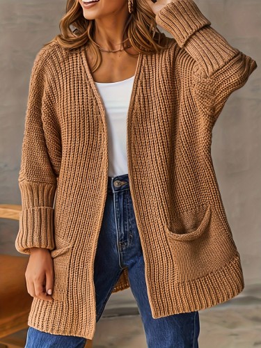 Plus Size Casual Cardigan, Women's Plus Solid Chunky Long Sleeve Open Front Slight Stretch Sweater Cardigan