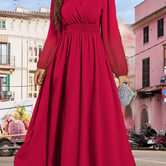 Solid Shirred Waist Surplice Neck Dress, Elegant Long Sleeve Midi Dress, Women's Clothing