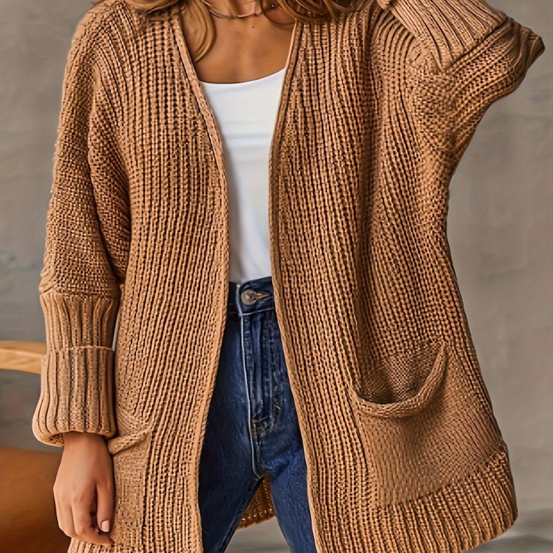 Plus Size Casual Cardigan, Women's Plus Solid Chunky Long Sleeve Open Front Slight Stretch Sweater Cardigan