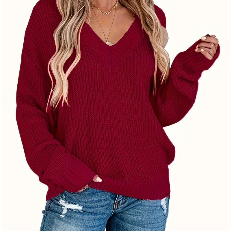 Solid V Neck Pullover Sweater, Casual Long Sleeve Loose Sweater, Women's Clothing